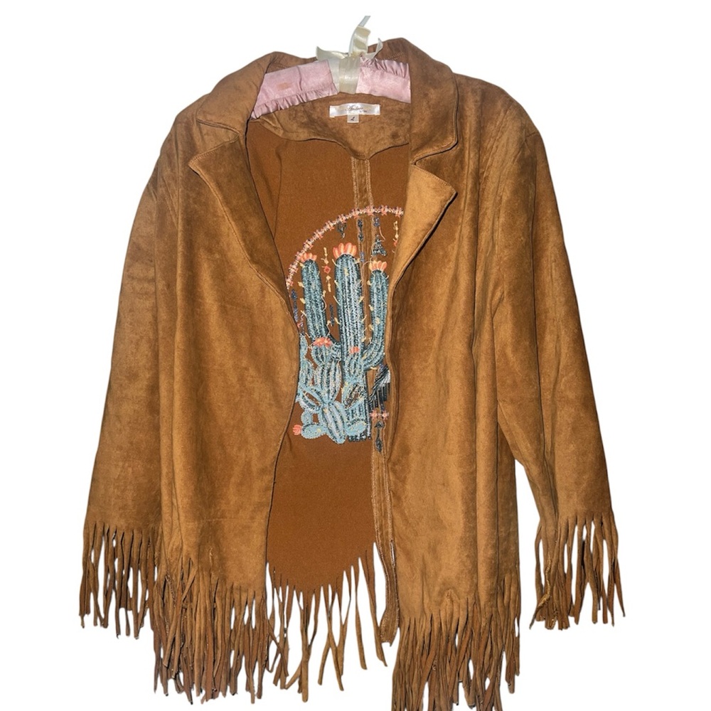Andrée by Unit Southwestern Cactus Embroidered Suede Fringe Jacket.